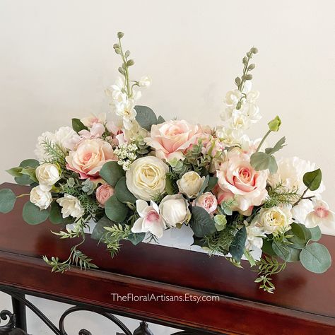 "Farmhouse Style Floral Arrangement  Beautiful floral arrangement, made with high quality faux flowers and greeneries. This arrangement is made in a gorgeous color palette of blush, pink, cream, and different shades of greens. This arrangement is created in a wood container.  ( colors of container to choose from )  Made with lots of love and attention to detail, this beautiful arrangement had been crafted in my home studio in the Shenandoah valley 💕 Measures approx 23\" long  13\" depth and  10 Flower Diy Paper, Long Table Centerpieces, Paper Flower Diy, Tall Floral Arrangements, Tissue Paper Flowers Diy, Large Floral Arrangements, Large Flower Arrangements, Spring Floral Arrangements, Table Flower