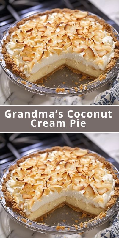 "Grandma's Coconut Cream Pie Recipe: This rich and creamy coconut cream pie is made with a buttery pie crust, a smooth coconut filling, and a fluffy whipped cream topping. With the perfect balance of sweetness Grandmas Coconut Pie, Grandma's Coconut Cream Pie, Homemade Coconut Cream Pie With Meringue, Best Coconut Cream Pie Recipes, Coconut Cream Pie From Scratch, Coconut Desserts Easy, Raisin Cream Pie, Coconut Cream Pie Filling, The Best Coconut Cream Pie