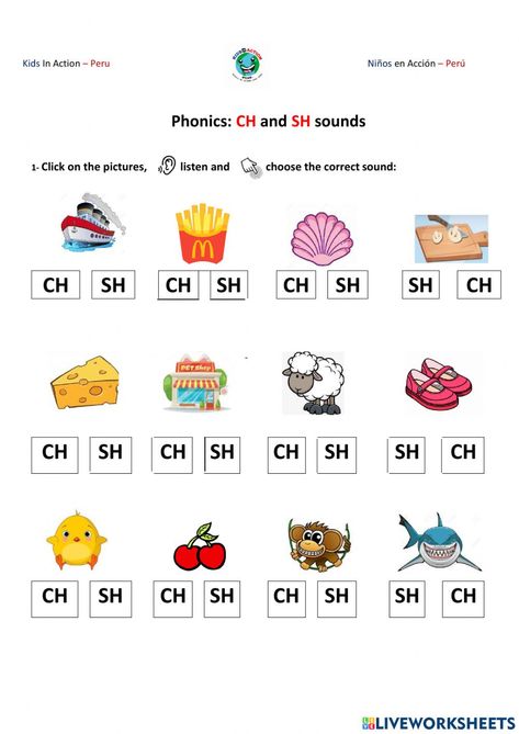 Sound ch and sh online activity for Sound ch and sh. You can do the exercises online or download the worksheet as pdf. Th Sound Worksheet, Ch Sound Worksheets, Digraph Activity, Ch Sound, Ch Words, Digraphs Activities, Kindergarten Pictures, Letter Worksheets For Preschool, Penguin Cartoon