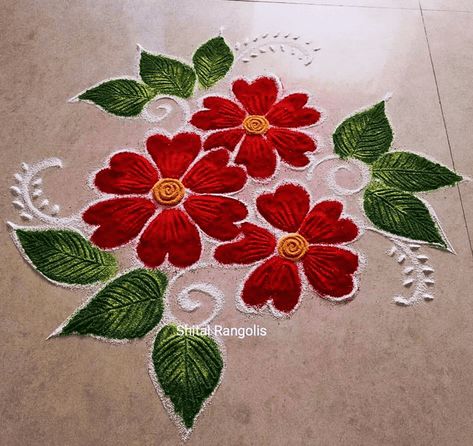 Flower Easy Rangoli Designs, Floral Rangoli Designs, Margali Kolam, Ganesh Rangoli, Border Rangoli, Very Easy Rangoli Designs, Rangoli Designs Simple Diwali, Simple Kolam, Easy Rangoli Designs Diwali