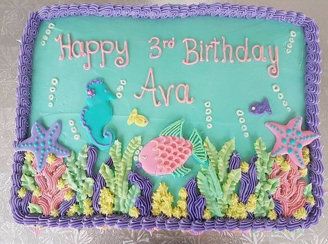 Under the sea cake Aquatic Theme Cake, Under The Sea Bday Cake, Under The Sea Birthday Sheet Cake, Mermaid Birthday Cake Sheet, Under The Sea Sheet Cake Ideas, Ocean Theme Sheet Cake, Diy Under The Sea Cake, Under The Sea Smash Cake 1st Birthdays, Under The Sea Birthday Cake Ideas