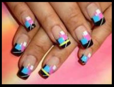 Baby blue yellow pink black nail design ideas 80s Nails, Airbrush Nail Art, Animal Print Nails Art, Kiss Nails, Airbrush Nails, Different Nail Designs, Nail Art Techniques, Geometric Nail, Latest Nail Art