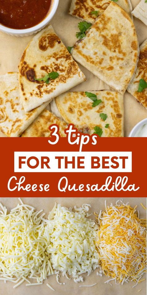 There are 3 secrets to making the best cheese quesadilla. It has to do with the cheese, how you make the tortilla crispy, and what seasoning you use. In less than 10 minutes you can have a cheesy crispy cheese quesadilla. Make them for an easy lunch or a quick snack. High Protein Cheese Quesadilla, Authentic Mexican Quesadillas, Restaurant Style Quesadilla, Mexican Food Quesadillas, Ham And Cheese Quesadillas, Corn Tortilla Quesadilla Recipes, Cheese Quesadillas Recipes, Make Ahead Quesadillas, What Can I Make With Flour Tortillas