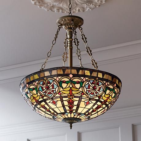 Ornamental Tiffany Style 24" Wide Art Glass Pendant Light Louis Tiffany, Tiffany Chandelier, Tiffany Style Lighting, Wide Art, Tiffany Pendant Light, Stained Glass Chandelier, Tiffany Ceiling Lights, Bronze Pendant Light, Stained Glass Light