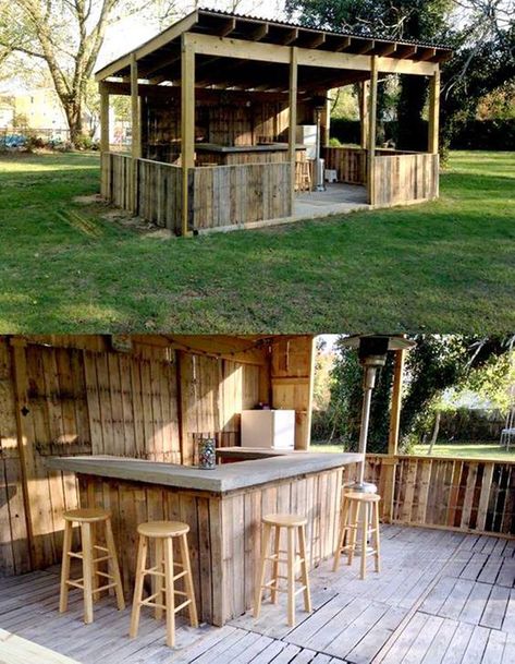 Backyard Pallet Ideas, Diy Outdoor Bar, Pallet Patio, Backyard Gazebo, Backyard Bar, Bar Patio, Outside Patio, Pallet Outdoor, Backyard Diy Projects