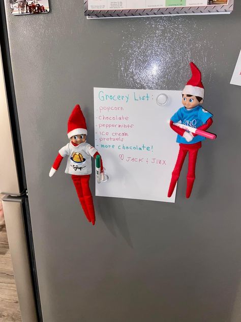 Elf On The Fridge, Elf In Fridge, Elf Activities, Elf Ideas, Elf On The Shelf Ideas, Grocery Lists, Shelf Ideas, On The Shelf, Elf On The Shelf