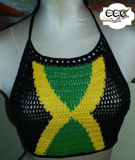 Jamaican Love Handmade Crochet Halter Top SM-MED. Custom | Etsy Jamaica Crochet, Jamaican Clothing, Crochet Bra Pattern, Crochet Shirts, Jamaica Outfits, Teen Swag, Crochet Bathing Suits, Crochet Halter Top, Crochet Bra