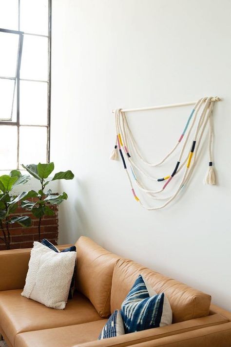 DIY Wrapped Cotton Rope Wall Hanging #DIY #wallhanging #tassel #yarn Rope Wall Hanging, Wrapped Rope, Rope Wall, Hanging Diy, Diy Home Accessories, Diy Air Dry Clay, Large Scale Art, Bleached Wood, Diy Wrap