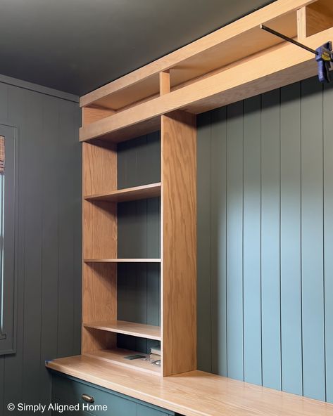 DIY Office Built In Desk with Shelving Desk With Upper Cabinets, Shelves That Sit On Desk, Den With Office Space, Diy Wall Unit With Desk, Narrow Office Built Ins, Built In Desk Plans, Wall Closet With Desk, Built In Bookshelves With Desk Office, Built In Desk Sloped Ceiling