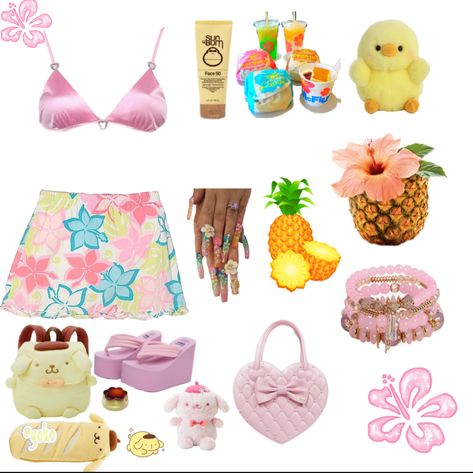 Tropicalcore Aesthetic Outfits, Gyaru Beach Outfit, Tropical Gyaru Outfits, Gyaru Summer Outfits, Gyaru Fashion Summer, Gyaru Fits, Tropical Gyaru, Beach Gyaru, Summer Collages