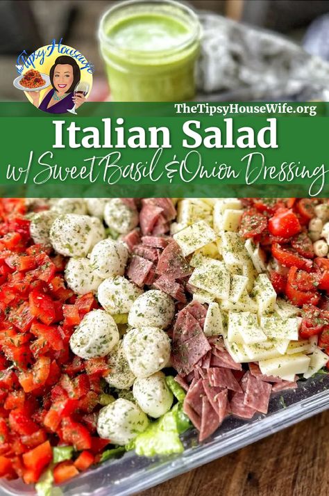 The photo shows Italian Salad with Sweet Basil and Onion Dressing and a brightly colored banner displaying the name of the recipe. Tipsy Housewife Recipes, Iceberg Lettuce Salad, Housewife Recipes, The Tipsy Housewife, Tipsy Housewife, Vegetable Pasta Salads, Italian Feast, Italian Night, Sweet Onions