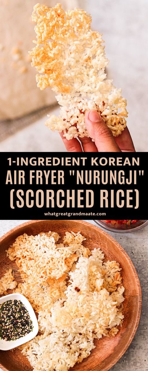 Learn how to make scorched rice in the air fryer with just 1 ingredient in just 15 minutes. This Korean air fryer nurungji is crunchy, nutty, addicting and so easy! You can enjoy it sweet with some sugar, or savory with kimchi and furikake. Nurungji Recipe, Rice Air Fryer Recipes, Air Fryer Rice Cakes, Air Fryer Rice Crispy Treats, Air Fryer Crispy Rice, Air Fryer Quinoa, Rice Air Fryer, Air Fryer Recipes Asian, Air Fryer Rice