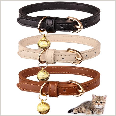 Jamktepat 3 Pack Leather Cat Collars with Bells Soft Pet Safety Collar Kitten Collars with Bell Black Chocolate Beige Fancy Collar, Kitten Accessories, Flower Cat Collar, Black Chocolate, Kitten Collars, Pet Kitten, Cat Fashion, Pink Collars, Pet Safety