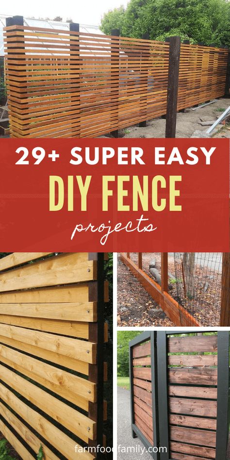 Build A Fence With Pallets, Simple Wood Fence Ideas, Craftsman Fence Ideas, Cheap Diy Garden Fence, Cheapest Diy Privacy Fence, Diy Yard Fence Cheap, Cheap Wood Fence Ideas, Water Tank Screen Ideas, Unique Fence Ideas Creative