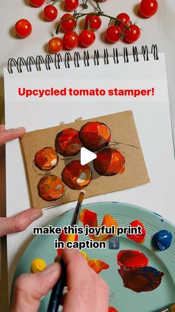 432K views · 38K likes | Jenny Muncaster on Instagram: "Upcycled tomato stamper!
I can’t resist these joyful cherry tomatoes 🍅 🍅🍅🍅🍅
🌶️🥬🥦🥕🧅🍅🧄🫛🌽🥔AND …. Stay tuned for my January vegetable inspired sketchbook ‼️‼️‼️

HOW TO : This tomato print was made with foam off cuts from the scrap store! 🍅🍅🍅🍅🍅🍅
Half a dozen small circles cut out of foam, stuck on to a piece of card to form a lush cherry tomato vine. 
This is such a fun way to create multiple prints and each one slightly different in colour. ❤️🧡💛💚

Paint the foam using acrylic paint & ‘model’ each tomato using a variety of tomato hues with the addition of white for highlights & darker tones for shadows. I’ve finished the effect with one of my favourite techniques; a stick dipped in acrylic ink for the vine. Keep it Tomato Print, Tomato Vine, Varieties Of Tomatoes, Artistic Ideas, Cherry Tomato, Acrylic Ink, Using Acrylic Paint, Lesson Ideas, A Stick