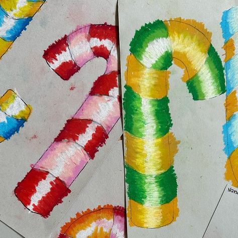 Linda DeMello on Instagram: "Oil pastel Candy Canes are happening in the Art Room this week! This is day 1 and my last class to start them. What a FUN project!! Kids love learning about techniques to make these look 3D👌🏼 I’ve seen these colorful candy canes posted by @katieplus4 ‘s students for many years, and I’m so happy to finally squeeze them in. Thanks for answering my questions Katie!! Can’t wait to finish next time! #4thgradeart #5thgradeart #elementaryart #winterart #candycaneart #candycane #oilpastel #blending #shading #hilight #form #value #holidays #holidayart #artteachersofinstagram #artteachersofig #teachersfollowteachers #artmatters #arteducation" Candy Cane Art Projects For Kids, Candy Cane Art, Elementary Lessons, Christmas Art Projects, 2nd Grade Art, 4th Grade Art, 5th Grade Art, Pastel Candy, Art Matters