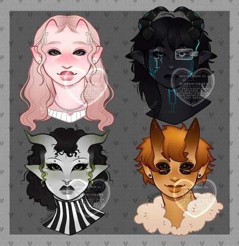 more tieflings!!! Coquette $15 (guineapigfeathers) ‼️ Tech-wear $15 (lithicrat)‼️ Stripes is $15 (bramblingbee_)‼️ Honey is $15 (bramblingbee_)‼️ comment or dm @jestermeats to claim :) (i accept paypal, cashapp, or venmo, or you can buy from my ko-fi website!) ((i accept mixed trades! usually my preference is money > adopts > customs > art )) ‼️Please feel free to request a simple font version of the color palette and adopt certificate‼️ PING LIST: @_pearlgoddes_ @aliensorbiting @ashie_boak ... Hazbin Oc, Character Styles, Hybrid Art, Tech Wear, Fantasy Animals, Sketch Poses, Body Sketches, Oc Inspo, Aesthetic Shop