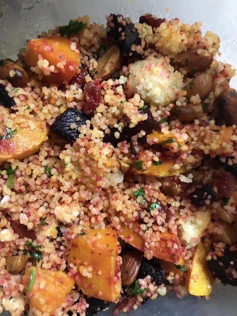 Couscous with Roasted Butternut Squash and Beets | Allrecipes Squash Rolls, Packed Lunch Recipes, Butternut Recipe, Squash Meals, Butternut Squash Roasted, Meatless Food, Squash Roasted, Grain Salads, Recipes With Ingredients