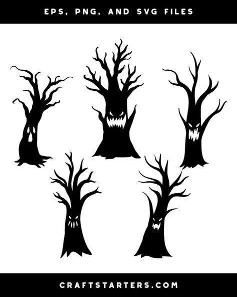 Haunted Tree Silhouette, Haunted House Silhouette Templates, Scary Tree Silhouette, Creepy Tree Silhouette, Halloween Tree Silhouette, Halloween Silhouettes Templates Free, Halloween Silouette Ideas, Spooky Tree Drawing, Spooky Trees For Halloween