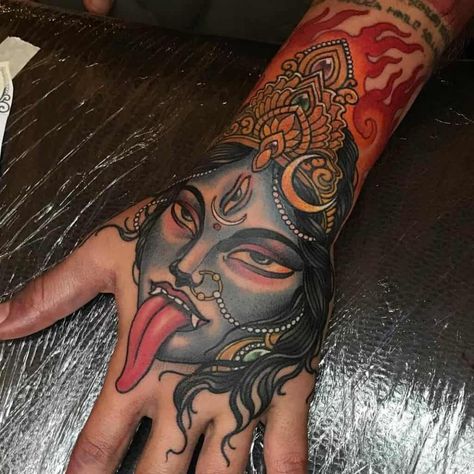 Kali Tattoos: Meanings, Common Themes & Artists Kali Hand Tattoo, Mother Kali Tattoo, Maha Kali Tattoo, Traditional Kali Tattoo, Kali Ma Tattoo, Kali Tattoo Design, Mataji Photo, Kali Tattoos, Edible Gummies