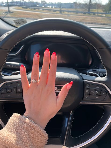 Pink french tips with a small heart detail on the ring finger 💓 #valentines #valentinesnails #nailinspiration #nails #nailart #jeep #jeeplife #opi #opinailpolish #almondnails #ovalnails #engagementring French Tip With Purple, Pink French Tips, Nail Pics, S Nails, Pink French, Opi Nail Polish, French Tips, Oval Nails, Purple Heart