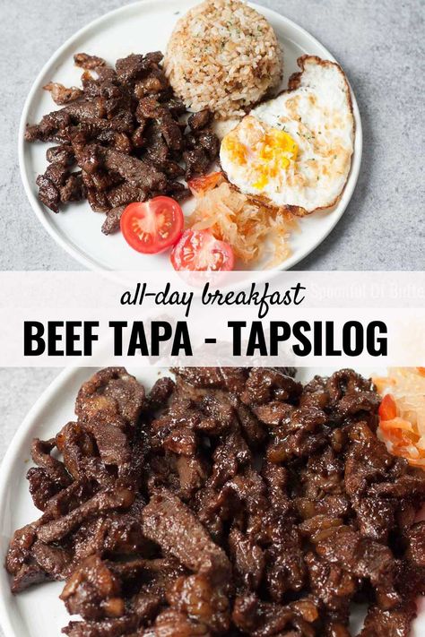 Beef Tapa Recipe Filipino, Phillipino Food, Tapsilog, Beef Tapa, Easy Filipino Recipes, Papaya Recipes, Filipino Breakfast, All Day Breakfast, Marinated Beef