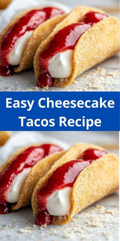 Looking for a fun twist on dessert? This Cheesecake Tacos Recipe is a delightful fusion of creamy cheesecake and crispy taco shells. It's an easy dessert idea that your whole family will love! Cheesecake Tacos Recipe, Cheesecake Tacos, Easy Dessert Idea, Crispy Taco Shells, Crispy Tacos, Tortilla Shells, Taco Shells, Easy Cheesecake, Taco Stuffed Shells