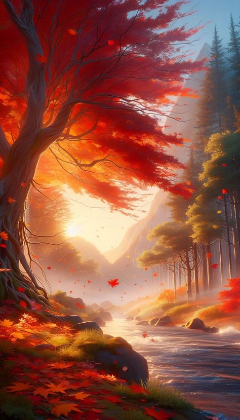 Autumn Whispers | As the wind rustles through the trees, the forest comes alive with vibrant hues of orange, red, and yellow Autumn is a season of cozy warmth and peaceful tranquility, and this anime-inspired wallpaper captures the essence of a crisp fall day.  #AnimeNature #FallWallpaper #4KBackground #MakotoShinkai #HayaoMiyazaki #KoiNobori #AnimeArt #FantasyRealism #AutumnVibes #NatureInspired #WallpaperWednesday Thanksgiving Anime Wallpaper, Japanese Autumn Wallpaper, Autumn Anime Wallpaper, Thanksgiving Anime, Autumn Whispers, Japanese Autumn, Autumn Things, Bible Verse Art Print, Yellow Autumn