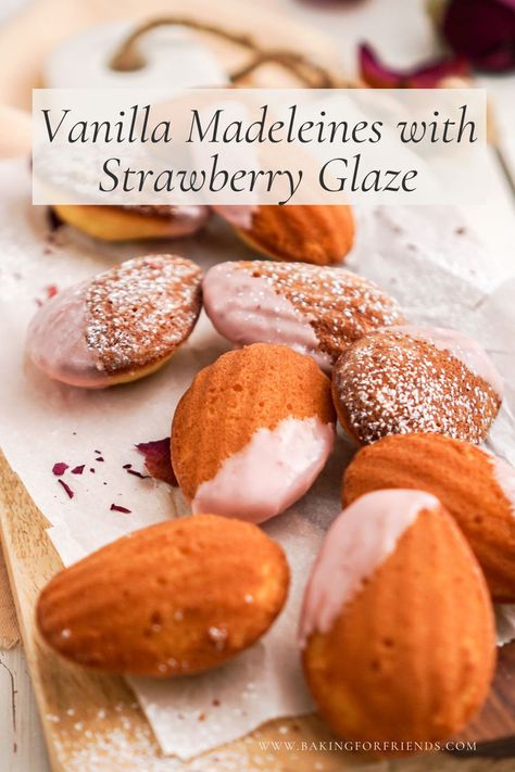 These sweet little vanilla Madeleines are a classic French dessert. The mini cakes are light, spongy and dipped in a strawberry glaze to add just a little sweetness for a fruity bite. They make the perfect treat to share with your loved ones for Valentine's Day or any special occasion. Vanilla Madeleines, Strawberry Dipped, French Pastries Recipes, Bulk Barn, Pastries Recipes, Classic French Desserts, Strawberry Glaze, Strawberry Juice, French Dessert