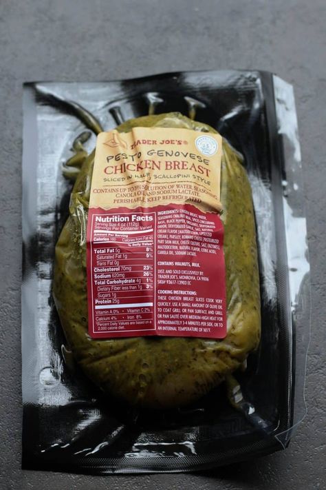 Trader Joe's Pesto Genovese Chicken Breast | BecomeBetty.com review #traderjoes Trader Joes Pesto Chicken Recipe, Pesto Chicken Trader Joes, Trader Joes Pesto Chicken Breast, Chicken Calories, Chicken Zucchini Recipes, Pesto Chicken Breast, Creamy Parmesan Chicken, Baked Fish Fillet, Chicken Pesto Recipes