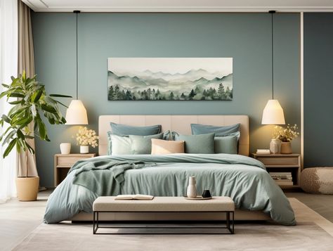 Sage Green Watercolor Over Bed Wall Art Mountains Lake Long Horizontal Painting Canvas PRINT, Minimalist Bedroom Wall Decor Ready to Hang - Etsy UK Long Horizontal Painting, Minimalist Bedroom Wall Decor, Over Bed Wall Art, Mountain Bedroom, Bed Wall Art, Horizontal Painting, Watercolor Nature, Minimalist Watercolor, Panoramic Wall Art