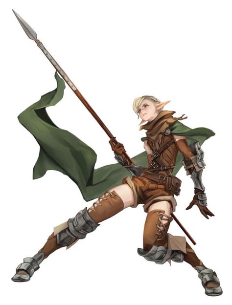 Ranger Dnd Spear Character, Spear Warrior Art, Shield And Spear Poses, Dnd Spear Fighter, Lancer Character Design, Halberd Pose Reference, Spear Character Design, Jrpg Concept Art, Polearm Character Art