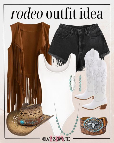 Channel your inner cowgirl with this edgy rodeo ensemble! Pair black denim jean shorts with a sleek white bodysuit for a chic contrast. Layer on a western fringe suede vest for a touch of boho flair, then accessorize with earrings, a necklace, cowgirl belt, hat, and knee-high boots for a look that's both fierce and fashionable.  women outfits | black women | women western | black women | summer outfit Western Outfit Ideas For Women, Hoedown Outfit, Women Outfits Black, Western Outfit Ideas, Outfit Ideas For Black Women, Cowgirl Belt, Outfits Black Women, Summer Brunch Outfit, Cowgirl Belts