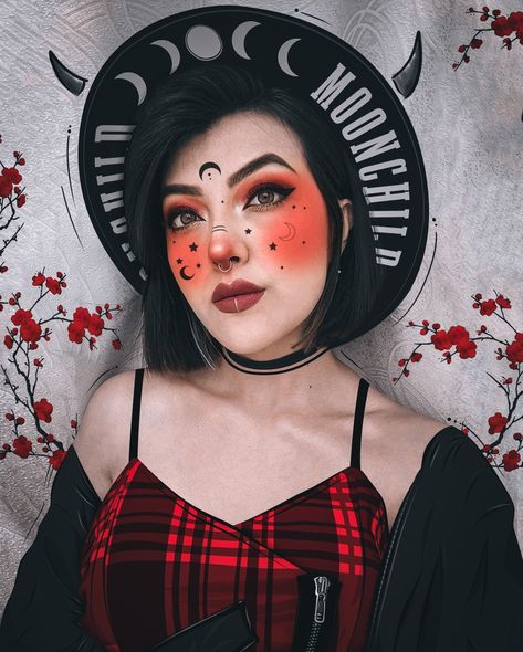 Maquillaje de bruja céltica en tonos rojizos +  ilustración vectorial Makeup Bruja Halloween, Makeup Egirl Aesthetic, Cute Witch Makeup, Makeup Egirl, Witchy Makeup, Halloween Makeup Witch, Handmade Halloween Costumes, Vampire Bride, Cute Halloween Makeup