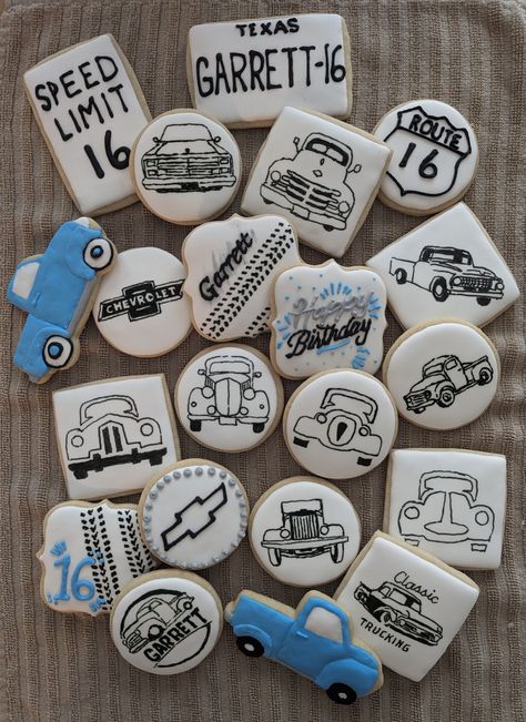 Vintage cars and trucks decorated sugar cookies Vintage Car Cookies, Classic Car Cookies, Car Cookies, Car Themes, Cookies Decorated, Cars Birthday, Cars And Trucks, Cookie Art, Birthday Cookies