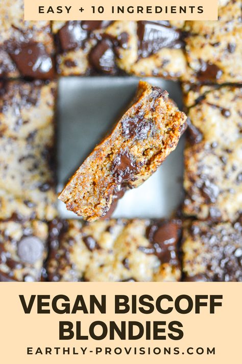 These Vegan Biscoff Blondies are the most delicious easy vegan dessert. They are soft, chewy and have almost an entire jar of cookie butter in them. And they only require 10 ingredients to make! Vegan Biscoff Blondies, Vegan Blondies, Vegan Dessert Bars, Dairy Free Baking, Raw Vegan Desserts, Easy Vegan Dessert, Plant Based Desserts, Vegan Bakery, Dessert Bar Recipe