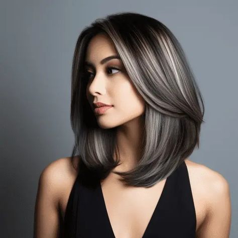 Hair Lowlights, Brown Hair With Silver Highlights, Gray Blending, Dark Brown Hair With Highlights, Highlights For Dark Brown Hair, Two Tone Hair, Grey Hair Transformation, Hairstyles Braid, Grey Highlights