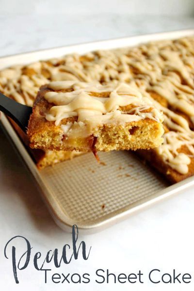 Whip up this warm brown sugar Texas sheet cake base with lovely peaches baked right in.  It is a simple cake batter to make, no fancy tools required. In fact you make it in a saucepan.  Then bake it to golden deliciousness and drizzle it with a tasty glaze.  The combination of textures and flavors is amazing and it's sized to feed a crowd! Peach Sheet Cake Recipe, Sheet Pan Cobbler, Peach Sheet Cake, Sheet Pan Desserts, Simple Sheet Cake, Peaches Baked, Lovely Peaches, Future Restaurant, Brown Sugar Peaches