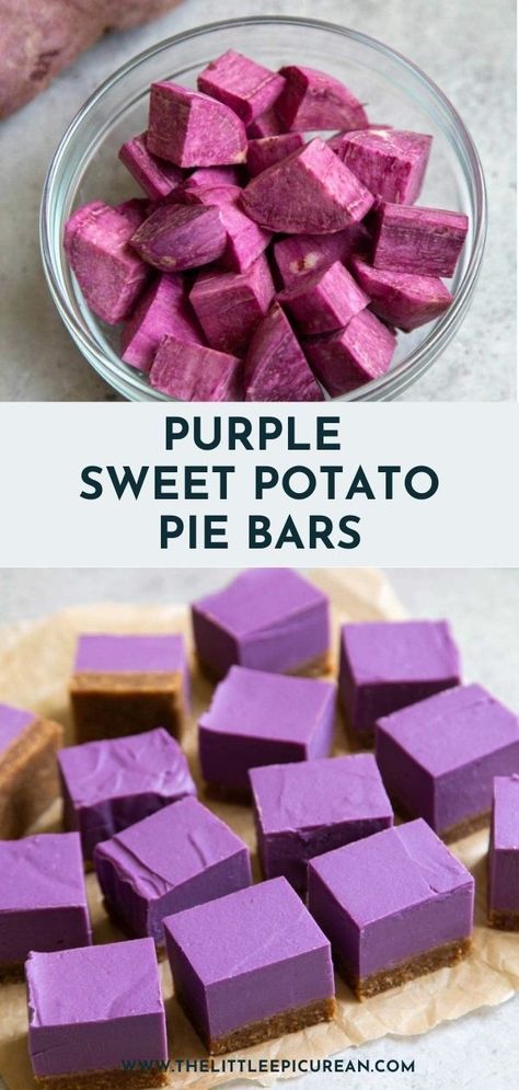 Elevate your dessert game with the unique allure of Purple Sweet Potato Pie Bars. Vegan purple sweet potato pie bars are perfect for the holiday season. It’s an easy to make dessert that will surely wow even the most jaded guests! Sweet Potato Pie Bars, Purple Sweet Potato Pie, Sweet Potato Dessert, Homemade Churros, Gluten Free Sweet Potato, Make Dessert, Potato Muffins, Sweets Bar, Potato Bar