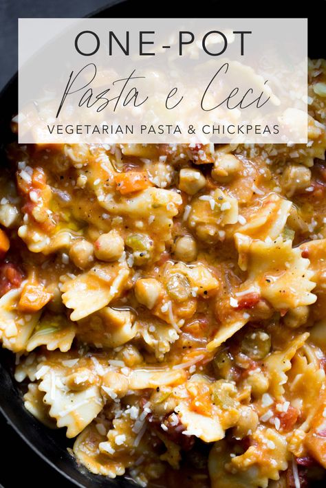 One taste of this One-Pot Pasta e Ceci (Pasta and Chickpeas) and it's sure to be a family favorite. In this simple but hearty, veggie-filled dish, canned chickpeas (garbanzo beans) simmer to soft, buttery perfection while the pasta cooks alongside in a hearty tomato-based broth. Vegetarian, but easily vegan, and ready in about 45 minutes. #pastaececi #pastawithchickpeas #onepotsoup #onepotmeal #chickpearecipe #garbanzobeanrecipe #vegetarian #vegan | modernminimalism.com Pasta With Chickpeas, Bean Pasta Recipes, Garbanzo Bean Recipes, Mediterranean Cooking, Bean Pasta, Chickpea Pasta, Small Pasta, Simple Dinner, Yummy Pasta Recipes