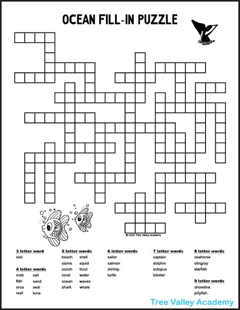 A free printable fill-in puzzle for kids with an ocean theme. A relaxing summer activity that also helps with spelling. The puzzle has 34 ocean words categorized by the amount of letters each has. The pdf is free to download and print and includes an answer page. Fill In Puzzles For Adults, Puzzle Pages Free Printable, Fill In Puzzles Free Printable, Ocean Worksheets, Free Printable Crossword Puzzles, Fill In Puzzles, Word Puzzles For Kids, Ocean Words, Puzzle Printable