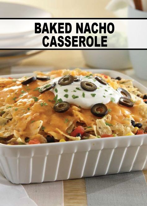 Enjoy the taste of fully loaded nachos layered and baked in this irresistible Baked Nacho Casserole recipe. It makes the perfect summer barbeque dish! Nacho Casserole Recipe, Ranch Beans, Taco Chips, Nacho Casserole, Baked Nachos, Summer Barbeque, Loaded Nachos, Pinto Beans, Perfect Game