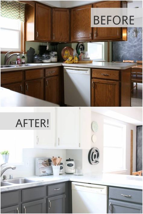 fixer upper inspired kitchen updates using paint!! and this faux shiplap backsplash is made out of peel 'n stick vinyl tiles for $20! all updates for about $300 - wow.... Interior Design Country, Fixer Upper Inspired, Concrete Countertop, Kitchen Updates, Addition Ideas, Kitchen Addition, Kitchen Diy Makeover, Kabinet Dapur, Herringbone Backsplash