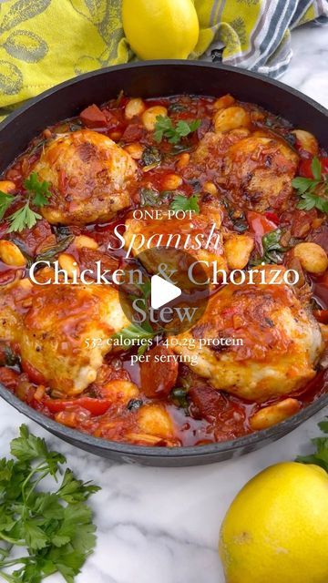 Rebecca Archer on Instagram: "Spanish chicken & chorizo stew, follow @archerkitchen for more   Date night, midweek dinner, you name it this dish can cater for it. Perfect for freezing and feeding a crowd this recipe comes in 532 calories per serving. Lets go:   Ingredients: Serves 6 (532 calories and 40.2g protein per serving)  1kg chicken thighs 400g can chopped tomatoes  400g can butterbeans  90g chorizo  1 red bell pepper  Handful fresh spinach  1 red chilli  1 large onion 4 garlic cloves  1 1/2 tbsp smoked paprika  1 tbsp thyme dried or fresh  1 tbsp olive oil  150ml chicken stock (from cube is fine)  Handful freshly chopped parsley  Salt and pepper to taste   Method:  - On medium heat, brown the chicken thighs with 1 tsp smoked paprika for 10-12 minutes until the skin is crispy and fu Chicken Chorizo Stew, Spanish Chicken And Chorizo, Parsley Juice, Chorizo Stew, Thyme Salt, Spanish Chicken, Chicken Chorizo, Chorizo Recipes, Mexican Dessert Recipes