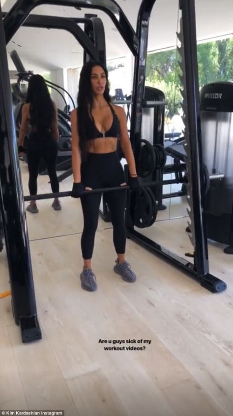 Get in shape like Kim Kardashian in Yeezy sneakers #DailyMail Kim Kardashian In Yeezy, Kim Kardashian Workout, Kardashian Casual Outfit, Kim Kardashian Yeezy, Kardashian Workout, Kardashian Home, Kardashian Makeup, Kim Kardashian Makeup, Kim Kardashian Outfits