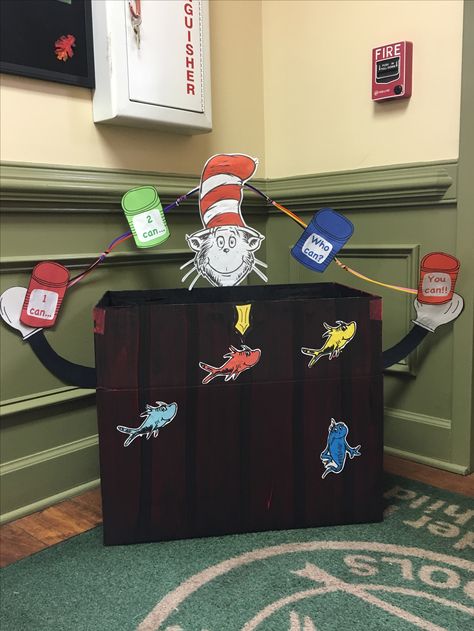 Dr. Seuss and the Cat in the Hat food drive box. Good Drive Box Ideas, Food Drive Box Ideas Diy, School Drive Box Ideas, Food Drive Box Decoration, Book Donation Box Ideas, Food Drive Boxes Ideas, School Supply Drive Box Ideas, Can Food Drive Box Ideas, Thanksgiving Food Drive Box Ideas