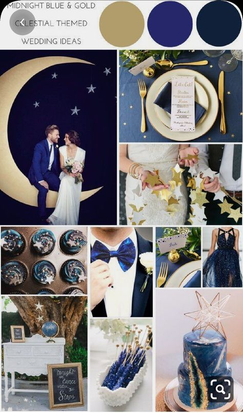 Gold Celestial Wedding, Starry Night Wedding Theme, Midnight Blue Wedding, Night Sky Wedding, Star Themed Wedding, Celestial Wedding Theme, Starry Wedding, Blue And Gold Wedding, Galaxy Wedding