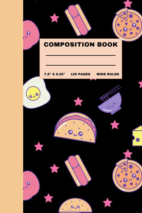 Cute Kawaii Snack matte paperback cover, wide ruled notebook, 7.5"x 9.25" inches journal, 120 pages ❤️ Wide Ruled Notebook, Food Pattern, Food Patterns, Ruled Notebook, Composition Book, Kawaii Food, Composition Notebook, Notebook Cover, Cute Kawaii