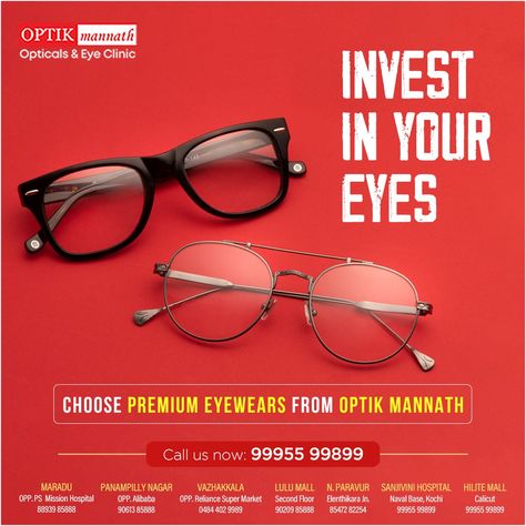 Invest in your vision and your style with our top-quality eyewear. Visit our shop today! Optik Mannath l 9061385888 . . . . #optikmannath #kidsglasses #EyeTest #EyeCheckup #opticalshop #optics #rayban #MauiJim #Vogue #ernakulam #brands #sunglasses #eyewear #lens #eyewearfashion Eyeglasses Creative Ads, Eyewear Poster Design, Sunglasses Creative Ads, Eyewear Branding, Body Logo Design, Eyewear Advertising, Optician Marketing, Eyewear Ad, Travel Advertising Design