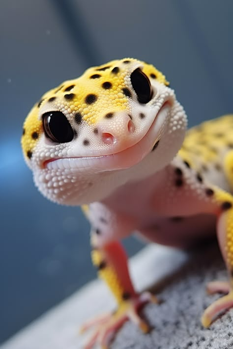 Explore the world of leopard geckos with this captivating portrait. The light yellow and black hues create a stunning contrast, while the close-up shot showcases their unique features. Get inspired by the manapunk and aurorapunk vibes of this 32k UHD photo. #GeckoLove Leopard Gecko Photography, Cute Water Animals, Cute Replies, Lizard Photo, Leopard Gecko Cute, Worldbuilding Ideas, Electric Design, Animals To Paint, Lizard Wizard